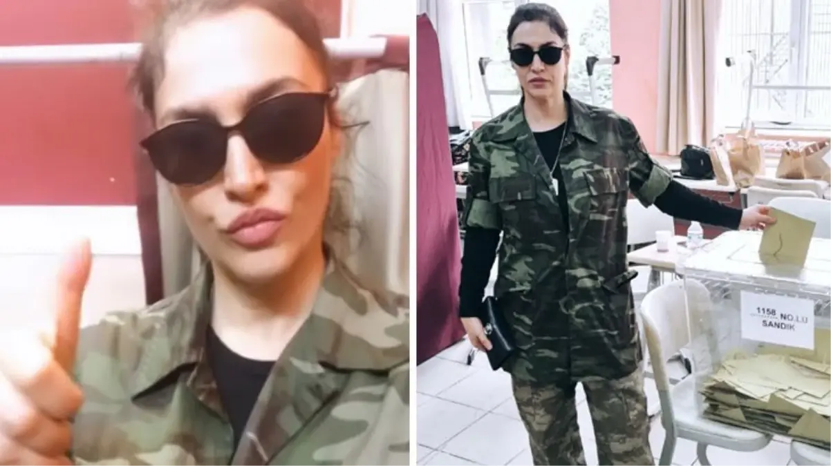 Oy kullanmaya kamuflaj desenli kıyafetlerle giden Tuğba Ekinci, kabinden video paylaşıp verdiği oyu gösterdi