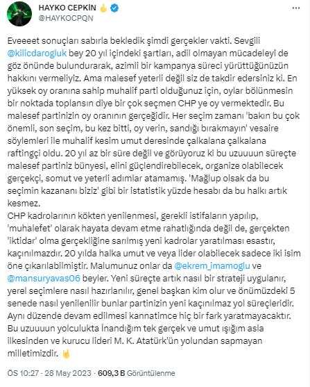 Ünlü şarkıcı Hayko Cepkin, seçim sonuçlarının ardından Kılıçdaroğlu'nu istifaya çağırdı