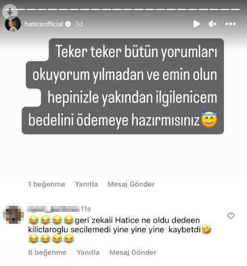 Hatice'den seçim sonuçlarının ardından kendisine 'Geri zekalı' diyen takipçisine tepki: Bedelini ödemeye hazır mısın?