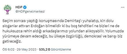 HDP'den Selahattin Demirtaş'ı hedef alan Cumhurbaşkanı Erdoğan'a yanıt: Bu tehditler bizleri yolumuzdan alıkoyamaz