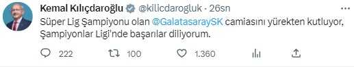 23. kez şampiyonluğa ulaşan Galatasaray'a siyasilerden peş peşe tebrik mesajı 23. kez şampiyonluğa ulaşan Galatasaray'a siyasilerden peş peşe tebrik mesajı