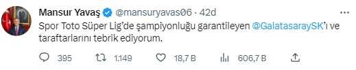 23. kez şampiyonluğa ulaşan Galatasaray'a siyasilerden peş peşe tebrik mesajı 23. kez şampiyonluğa ulaşan Galatasaray'a siyasilerden peş peşe tebrik mesajı