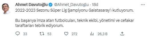 23. kez şampiyonluğa ulaşan Galatasaray'a siyasilerden peş peşe tebrik mesajı 23. kez şampiyonluğa ulaşan Galatasaray'a siyasilerden peş peşe tebrik mesajı
