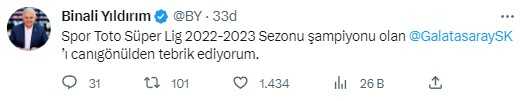 23. kez şampiyonluğa ulaşan Galatasaray'a siyasilerden peş peşe tebrik mesajı 23. kez şampiyonluğa ulaşan Galatasaray'a siyasilerden peş peşe tebrik mesajı