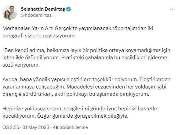 Selahattin Demirtaş: Aktif politikayı bırakıyorum
