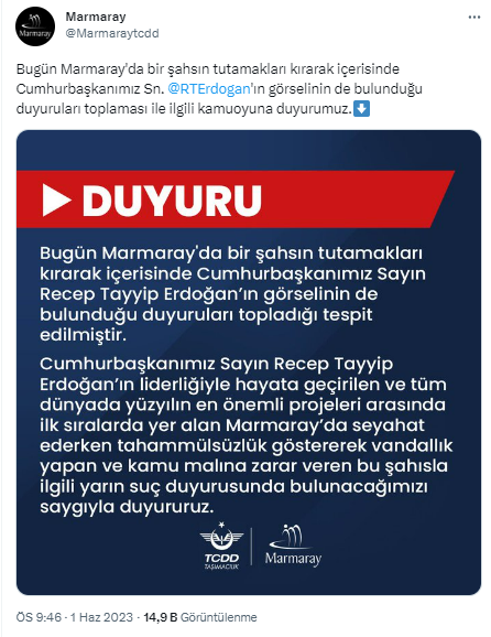 TCDD'den Marmaray'da tutamaçları kırarak duyuruları toplayan kişi hakkında açıklama
