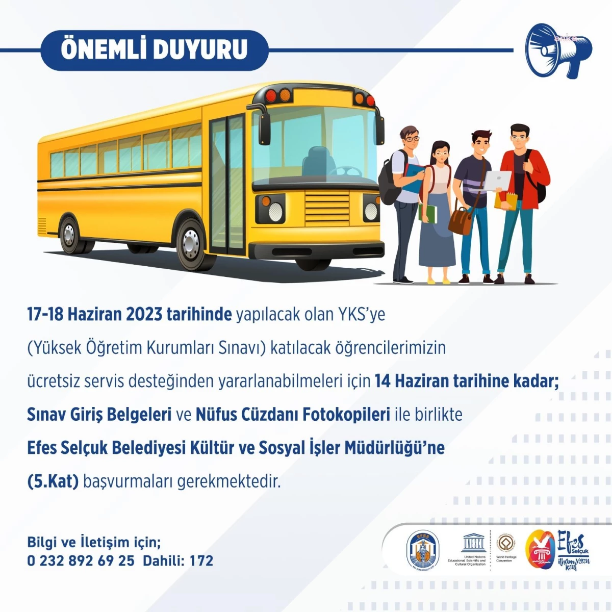 Efes Selçuk Belediyesi YKS\'ye Girecek Öğrencilere Ulaşım Desteği Sağlıyor