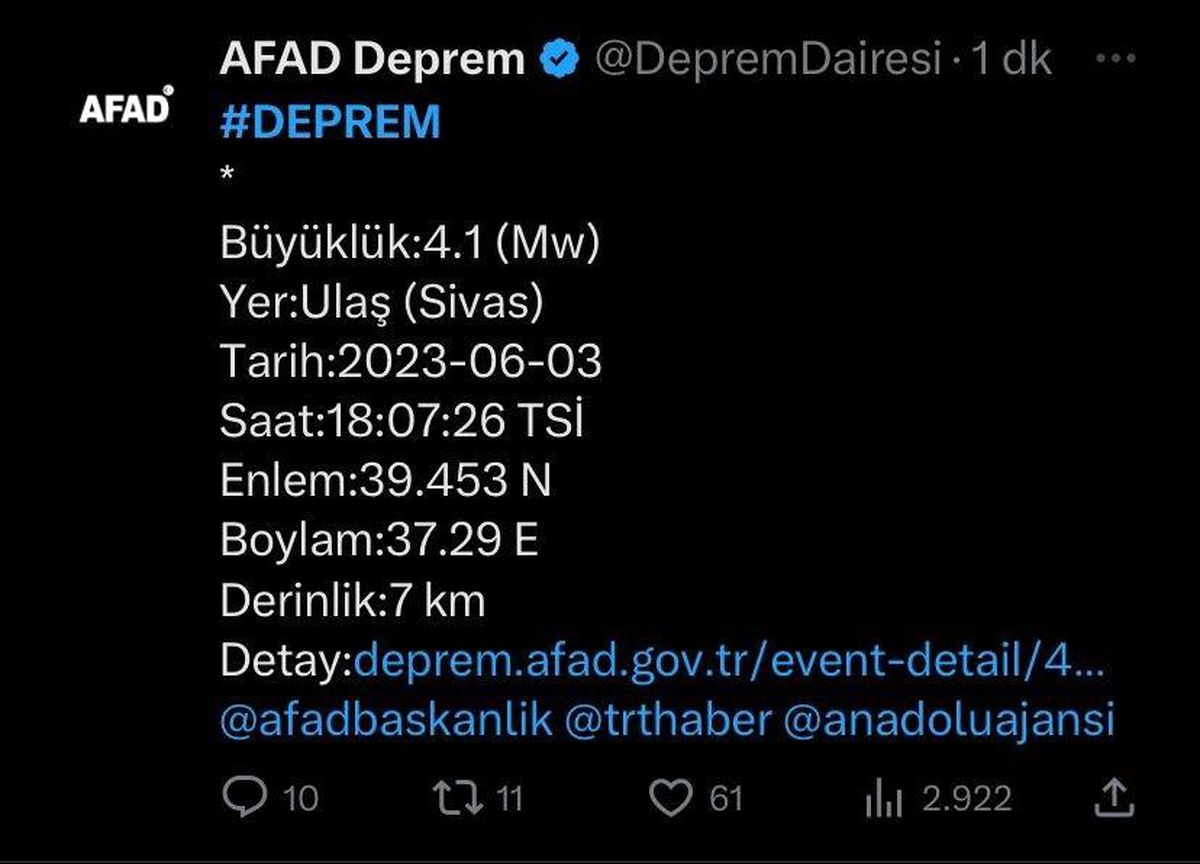 Sivas\'ta 4.1 Büyüklüğünde Deprem Meydana Geldi