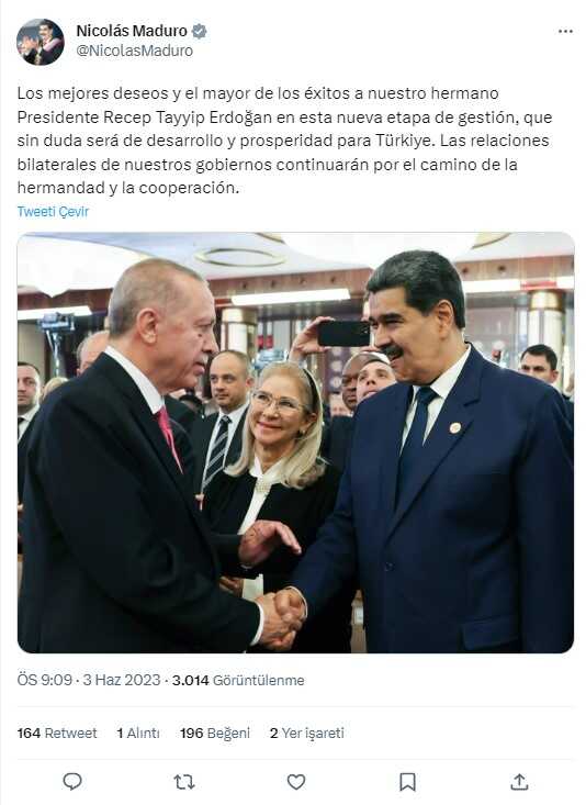 Venezuela Devlet Başkanı Nicolas Maduro, Cumhurbaşkanı Erdoğan'ın 'Göreve Başlama Töreni'nde: İki ülke kardeşlikte birleşti Venezuela Devlet Başkanı Nicolas Maduro, Cumhurbaşkanı Erdoğan'ın 'Göreve Başlama Töreni'nde: İki ülke kardeşlikte birleşti