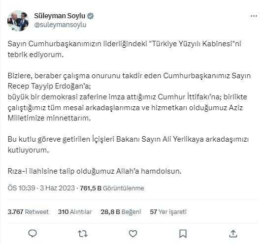Yeni Kabine'de yer almayan Süleyman Soylu'dan ilk açıklama