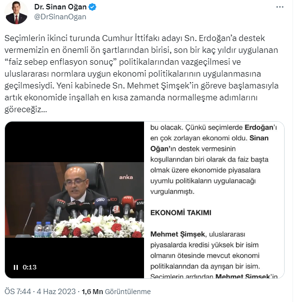 Sinan Oğan'dan Mehmet Şimşek çıkışı: 'Faiz sebep enflasyon sonuç' politikasından vazgeçilmesi Erdoğan'ı desteklememizin sebebiydi