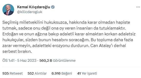 Kılıçdaroğlu'ndan çağrı: Can Atalay'ı derhal serbest bırakın