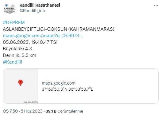 Son Dakika: Kahramanmaraş'ın Göksun ilçesinde 4.4 büyüklüğünde deprem meydana geldi.