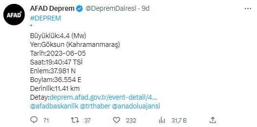 Son Dakika: Kahramanmaraş'ın Göksun ilçesinde 4.4 büyüklüğünde deprem meydana geldi.