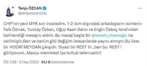 Tanju Özcan'dan CHP'nin MYK'sı ile ilgili olay yorum: Bu liste bir hodri meydandır