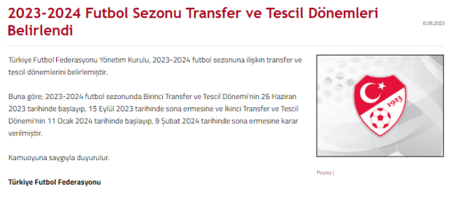 Son Dakika: Yeni sezon transfer dönemi 26 Haziran'da başlayıp 15 Eylül'de sona erecek
