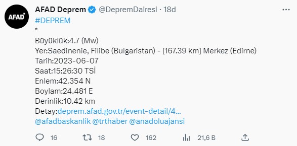 Bulgaristan'da 4.7 büyüklüğünde deprem! Edirne'de de hissedildi