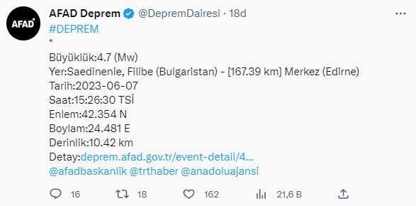 Bulgaristan'da 4.7 büyüklüğünde deprem! Edirne'de de hissedildi