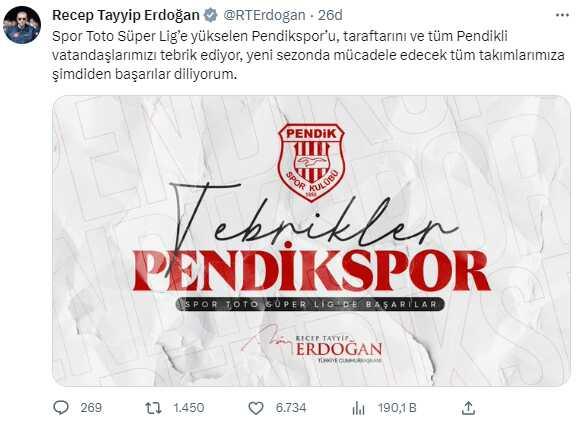 Cumhurbaşkanı Erdoğan'dan Süper Lig'e yükselen Pendikspor'a tebrik