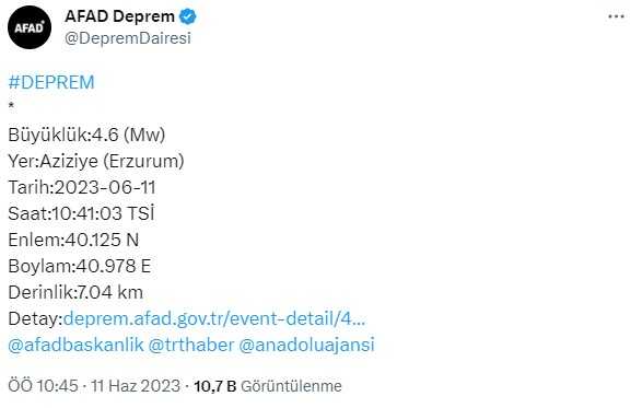 Son Dakika: Erzurum'da 4.6 büyüklüğünde deprem! Çevre illerde de hissedildi Son Dakika: Erzurum'da 4.6 büyüklüğünde deprem! Çevre illerde de hissedildi