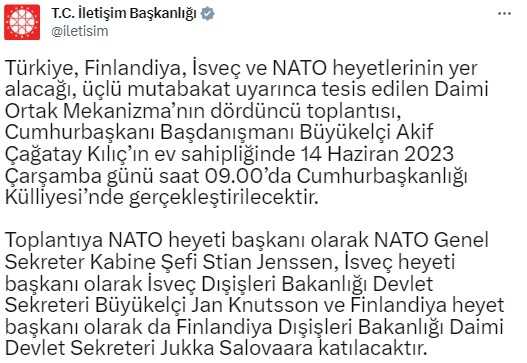 Türkiye, Finlandiya, İsveç ve NATO arasındaki dörtlü toplantı 14 Haziran'da Külliye'de yapılacak Türkiye, Finlandiya, İsveç ve NATO arasındaki dörtlü toplantı 14 Haziran'da Külliye'de yapılacak