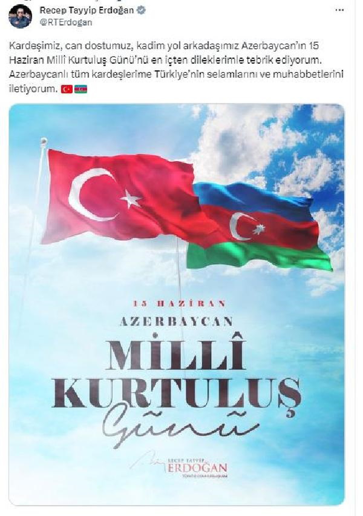 Cumhurbaşkanı Erdoğan, Azerbaycan\'ın Milli Kurtuluş Günü\'nü kutladı