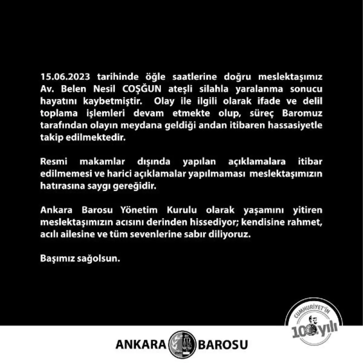 Ankara Barosu\'ndan Avukat Belen Nesil Coşğun\'un ölümüne ilişkin açıklama
