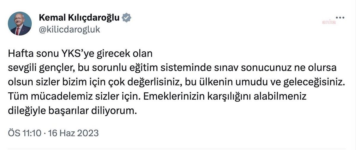 Kılıçdaroğlu, YKS\'ye girecek öğrencilere başarılar diledi
