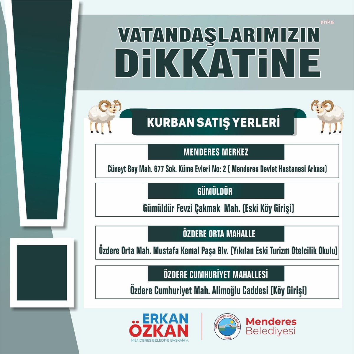 Menderes\'te Kurban Bayramı öncesi kurbanlık satışı ve kesim yerleri belli oldu