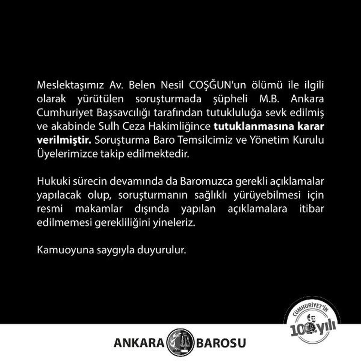 Ankara Barosu, Avukat Belen Nesil Çoşğun\'un ölümüyle ilgili açıklama yaptı