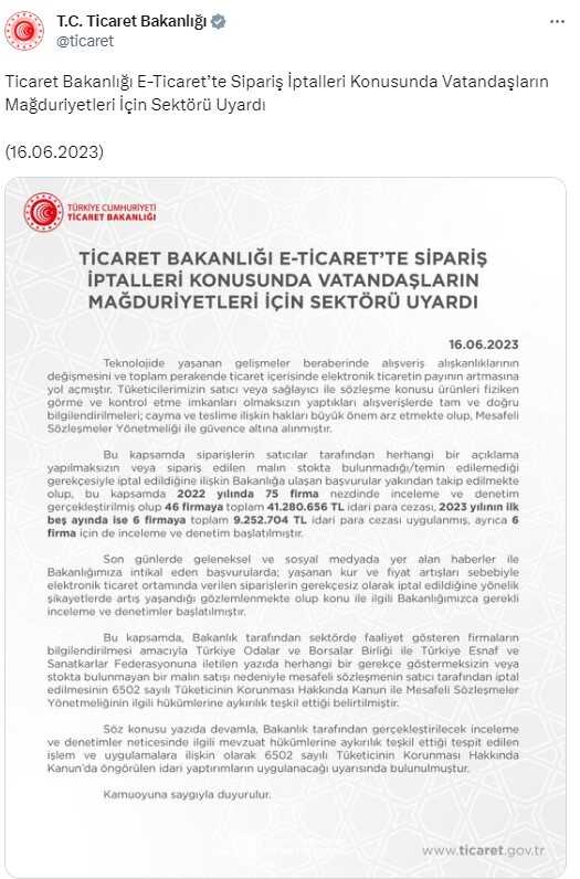 Ticaret Bakanlığı'ndan e-ticaret sitelerine 'sipariş uyarısı: Yaptırımlar uygulanacak Ticaret Bakanlığı'ndan e-ticaret sitelerine 'sipariş uyarısı: Yaptırımlar uygulanacak