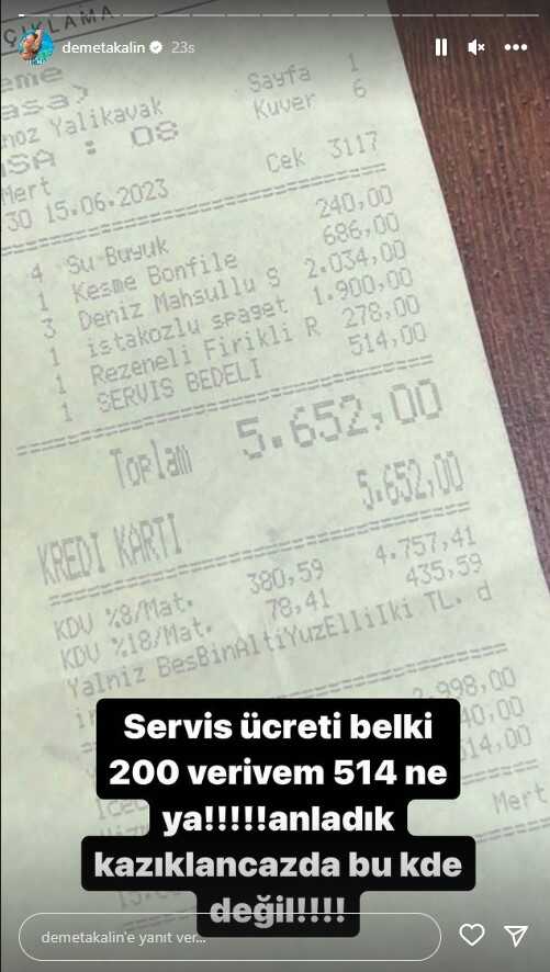 Restoranda 514 TL servis ücreti ödeyen Demet Akalın'an tepki: Kazıklanacağız da bu kadar değil Restoranda 514 TL servis ücreti ödeyen Demet Akalın'an tepki: Kazıklanacağız da bu kadar değil