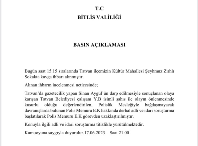 Tatvan Belediye Başkanı ile ilgili usulsüzlük iddialarını gündeme getiren gazeteci Sinan Aygül tekme tokat dövüldü