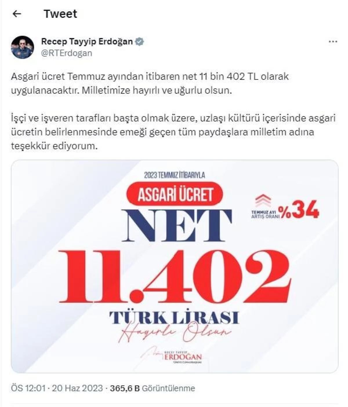 Cumhurbaşkanı Erdoğan: Asgari ücret 11 bin 402 TL olacak