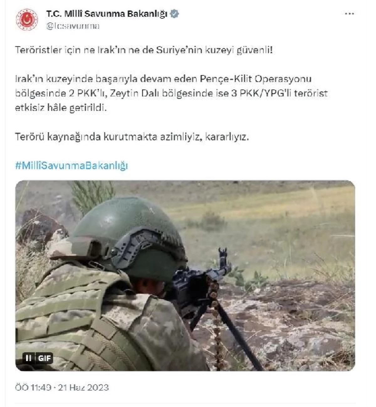MSB: Pençe-Kilit Operasyonu\'nda 2 PKK\'lı, Zeytin Dalı bölgesinde 3 PKK/YPG\'li terörist etkisiz hale getirildi
