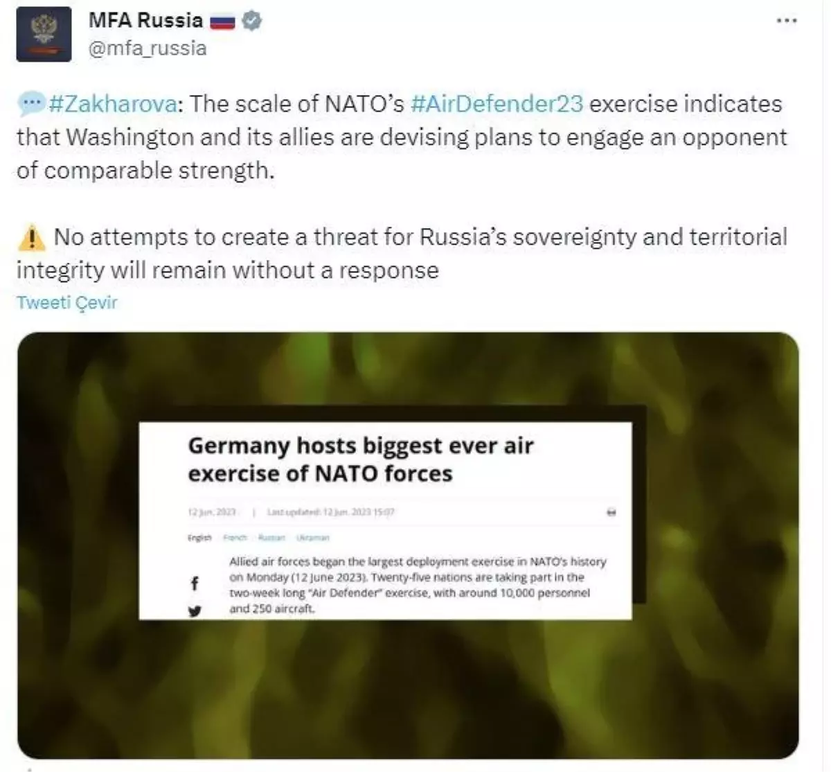 Rusya, NATO\'nun Air Defender 23 tatbikatına tepki gösterdi