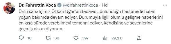 Bakan Koca, entübe edilen Özkan Uğur'un sağlık durumuyla ilgili bilgi verdi: Tedavisi yoğun bakımda devam ediyor