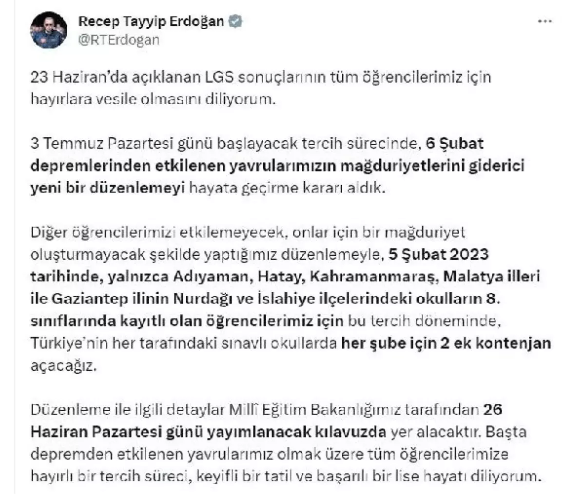 Cumhurbaşkanı Erdoğan, 5 Şubat 2023\'te sadece belirli illerdeki öğrenciler için ek kontenjan açılacağını duyurdu