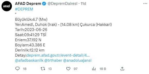 HAKKARİ DEPREM SON DAKİKA! Hakkari'de deprem mi oldu? 26 Haziran Hakkari kaç şiddetinde deprem oldu? Son Dakika güncel depremler listesi!