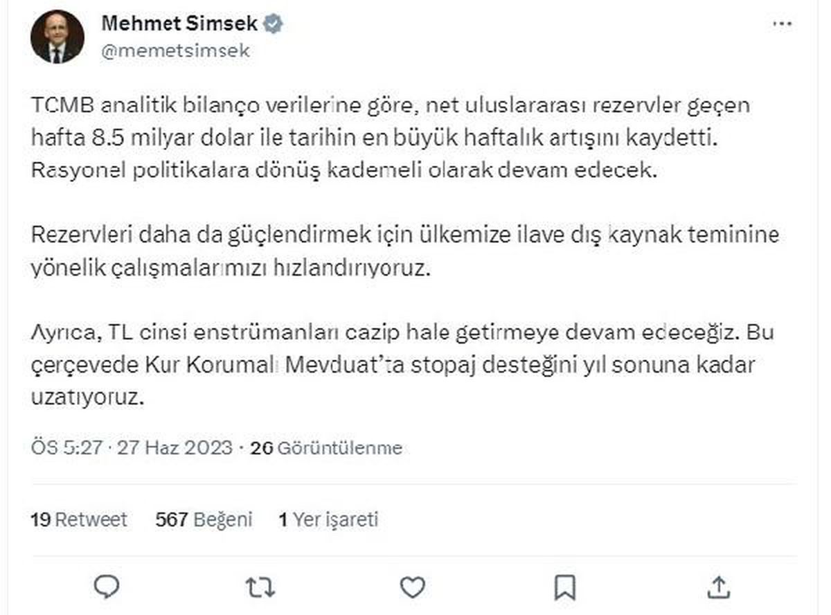 Türkiye\'nin net uluslararası rezervleri tarihin en büyük haftalık artışını kaydetti