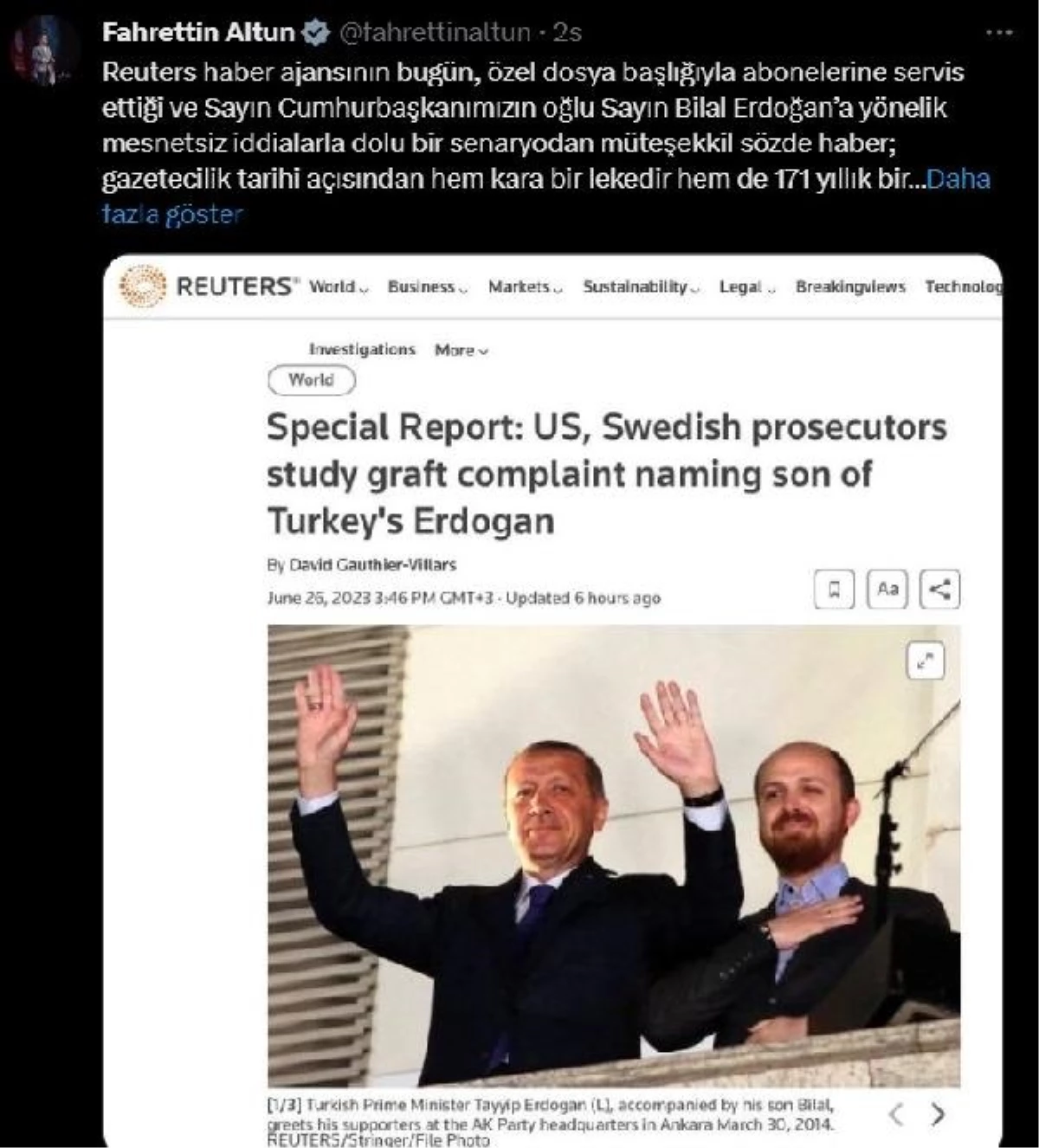 Cumhurbaşkanlığı İletişim Başkanı Fahrettin Altun, Reuters haber ajansının oğlu Bilal Erdoğan\'a yönelik iddialarla dolu haberi için açıklama yaptı