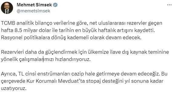 Son Dakika: Bakan Şimşek: Merkez Bankası rezervi, geçen hafta 8.5 milyar dolarla en büyük haftalık artışını yaptı