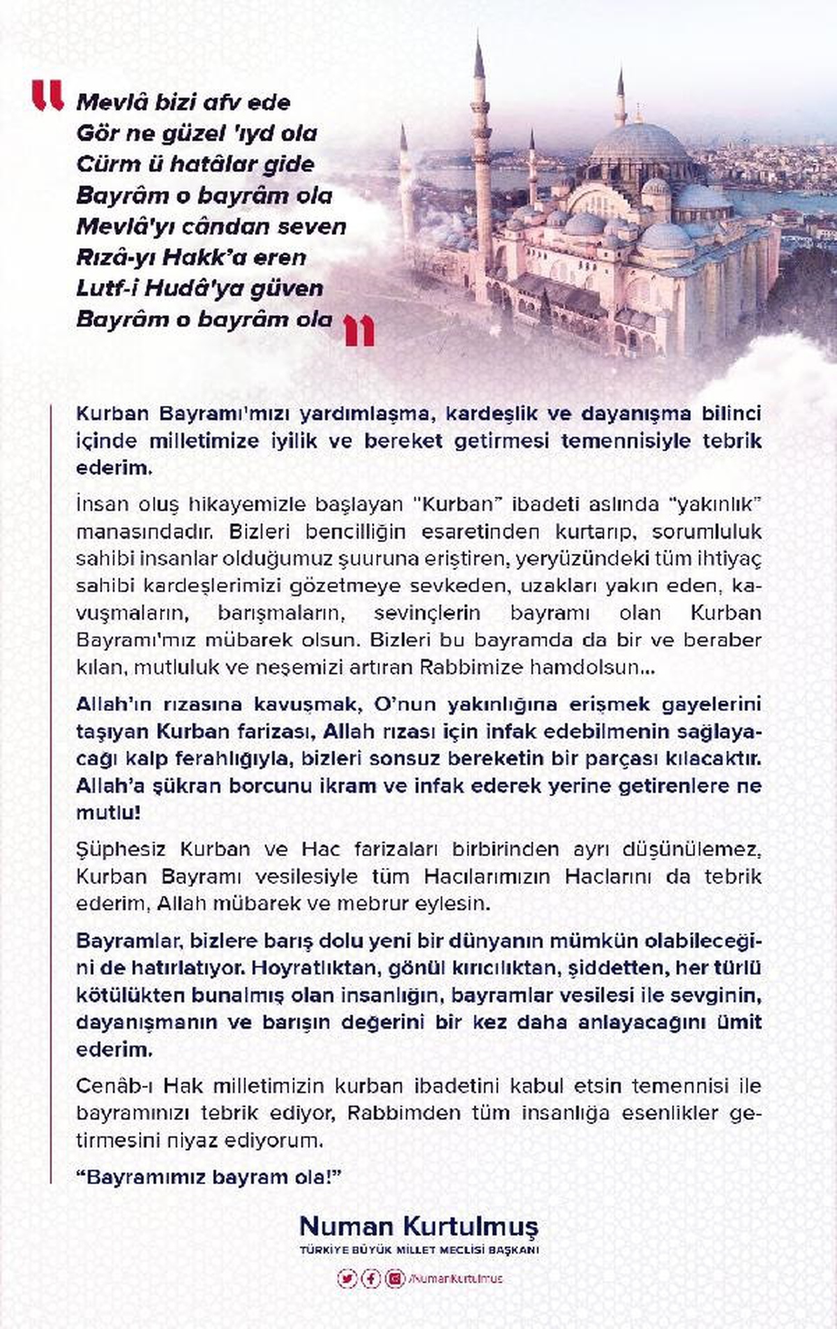 TBMM Başkanı Numan Kurtulmuş Kurban Bayramı için tebrik mesajı yayımladı