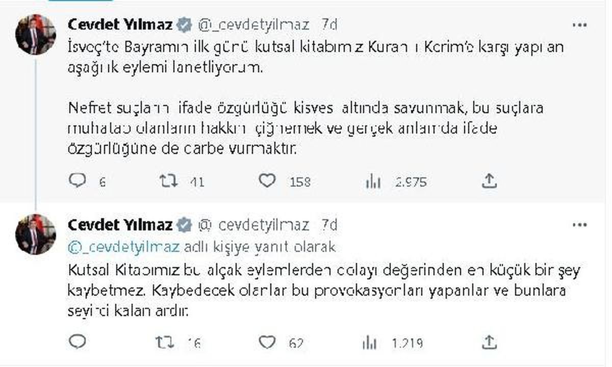 Cevdet Yılmaz İsveç\'teki Kur\'an-ı Kerim Yakma Eylemini Lanetledi
