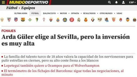 İspanyollar manşetten verdi: Arda Güler, Sevilla'da