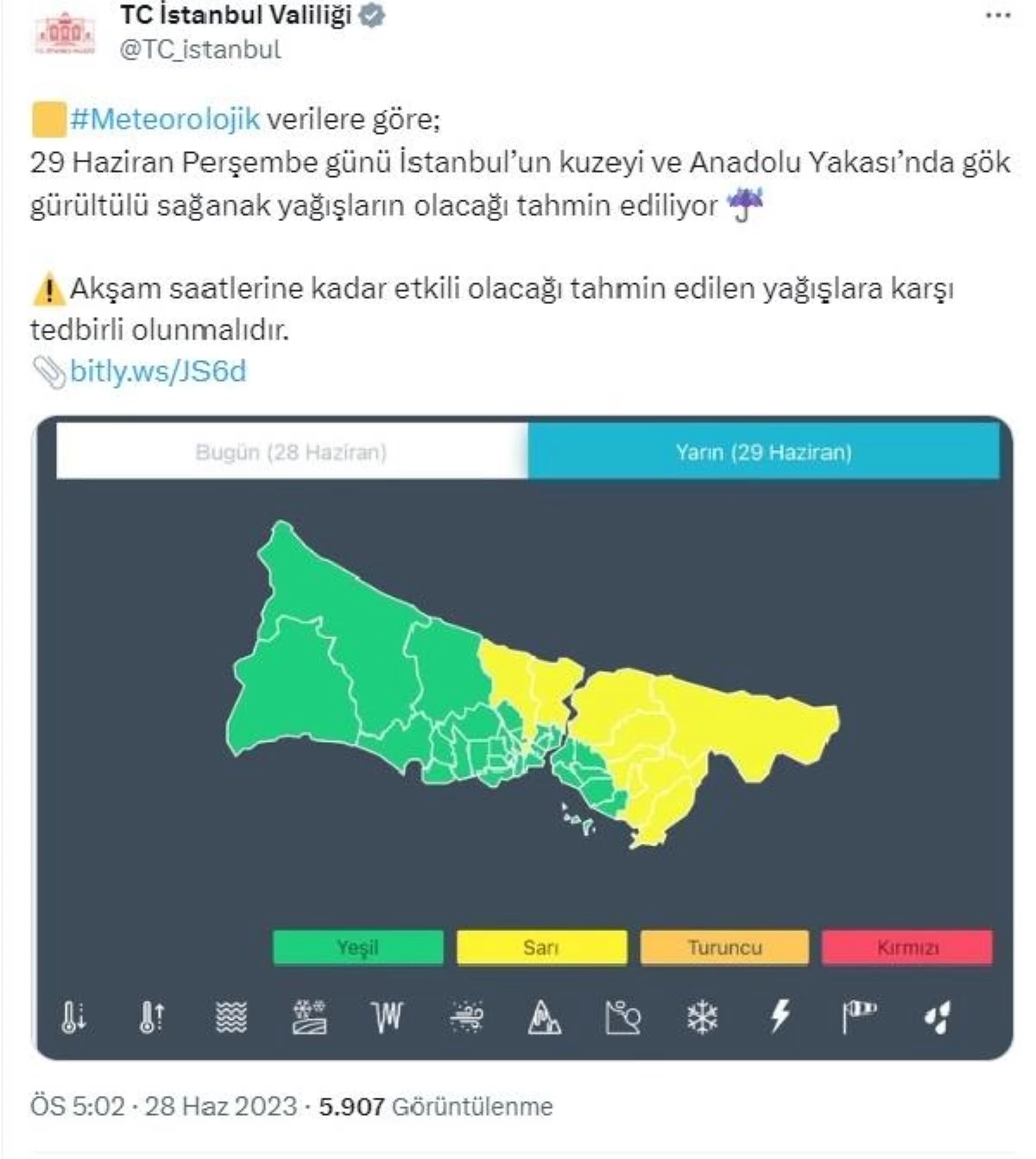 İstanbul Valiliği\'nden Yarın İçin Sağanak Yağış Uyarısı