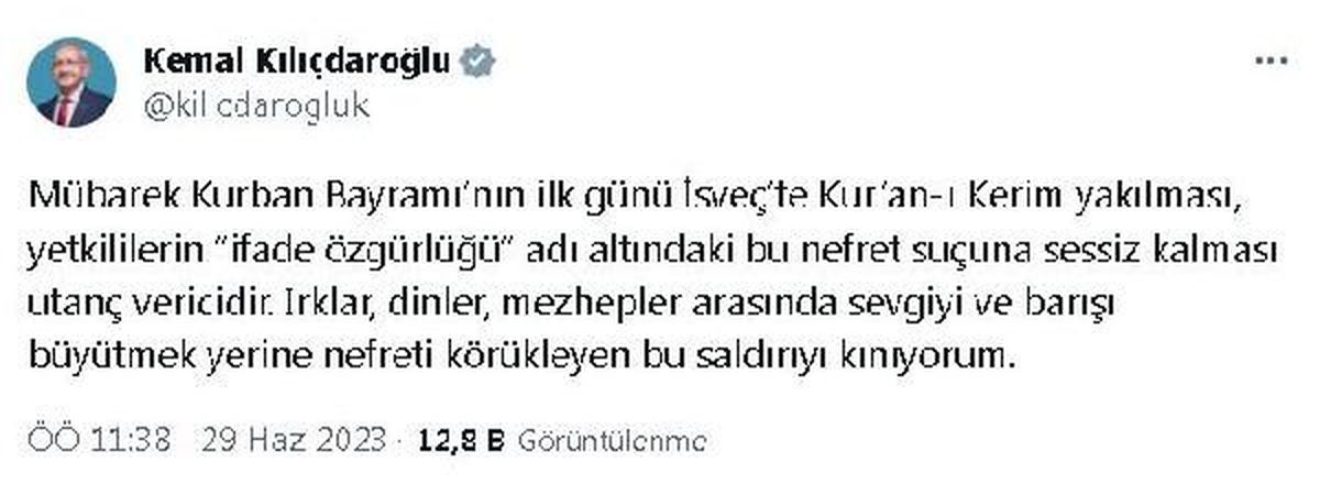 Kılıçdaroğlu, İsveç\'te Kur\'an-Kerim Yakılmasını Kınadı