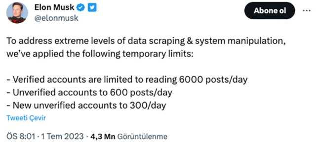 Elon Musk, Twitter'a 'geçici' yeni sınırlar getirdi! Mavi tiki olmayanlar günlük 600 tweet görüntüleyecebilecek