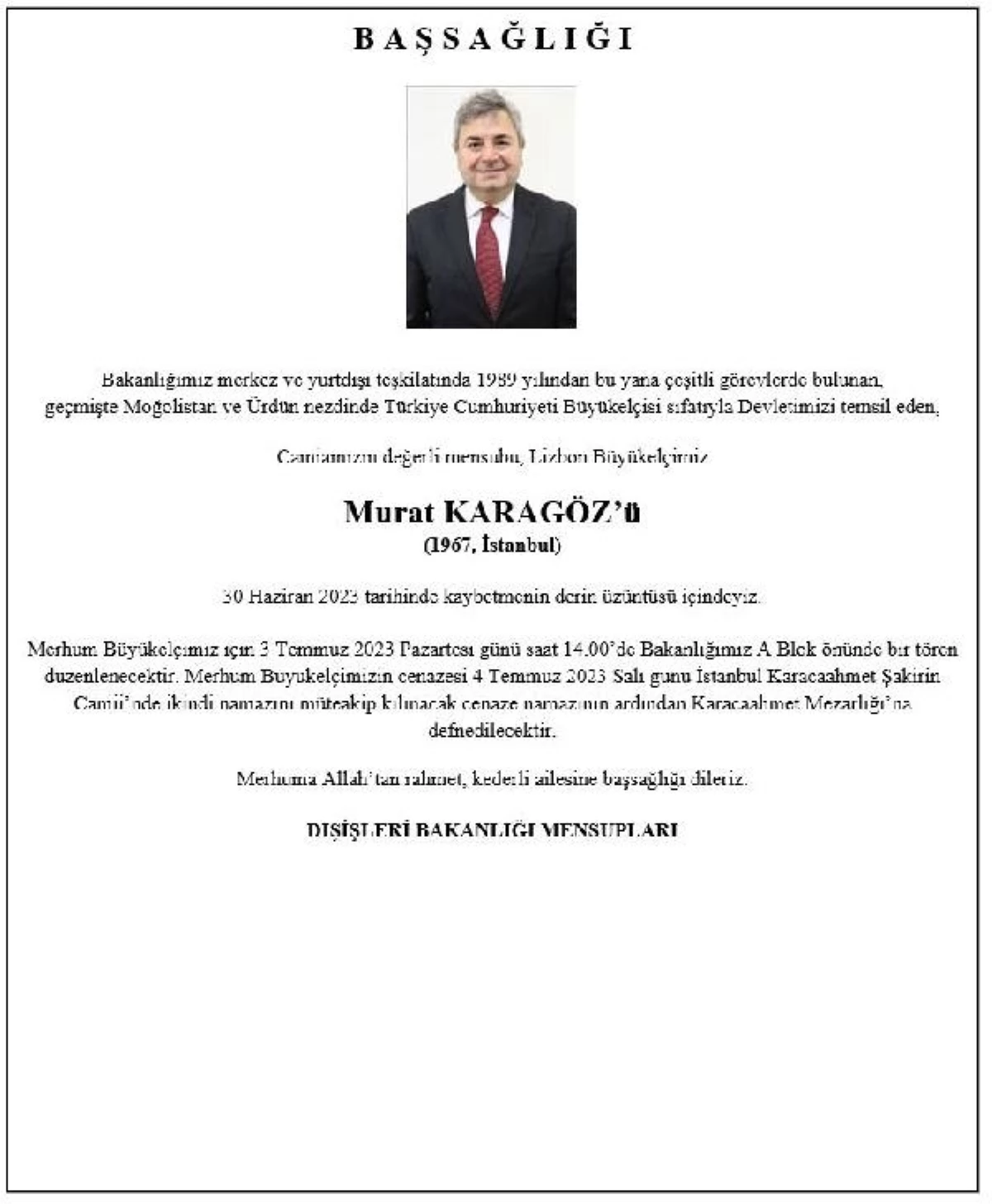 Lizbon Büyükelçisi Murat Karagöz\'ün Cenazesi İstanbul\'da Defnedilecek