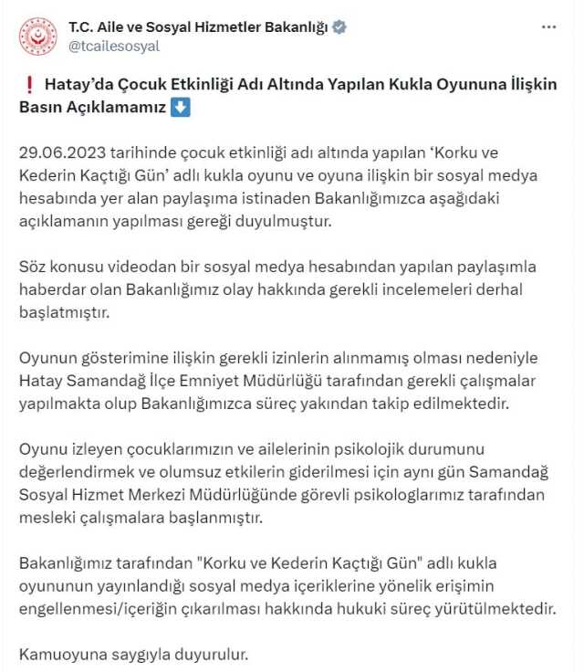Aile ve Sosyal Hizmetler Bakanlığı, 'Korku ve Kederin Kaçtığı Gün' adlı kukla oyunuyla ilgili harekete geçti Aile ve Sosyal Hizmetler Bakanlığı, 'Korku ve Kederin Kaçtığı Gün' adlı kukla oyunuyla ilgili harekete geçti